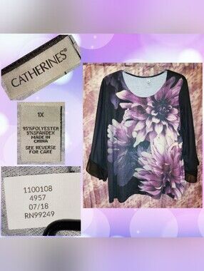 Catherines Black/Purple/Multicolors Large Floral Print Studded Soft Knit Top 1X